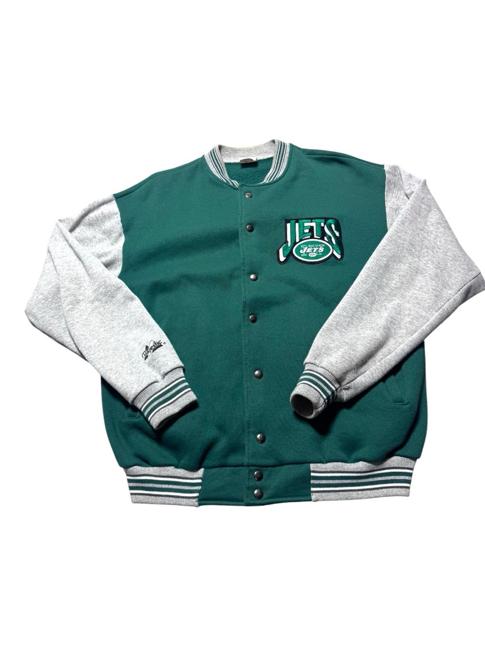 VTG MAJESTIC New York Jets Unisex Large Green & Gray Varsity Bomber Jacket NFL